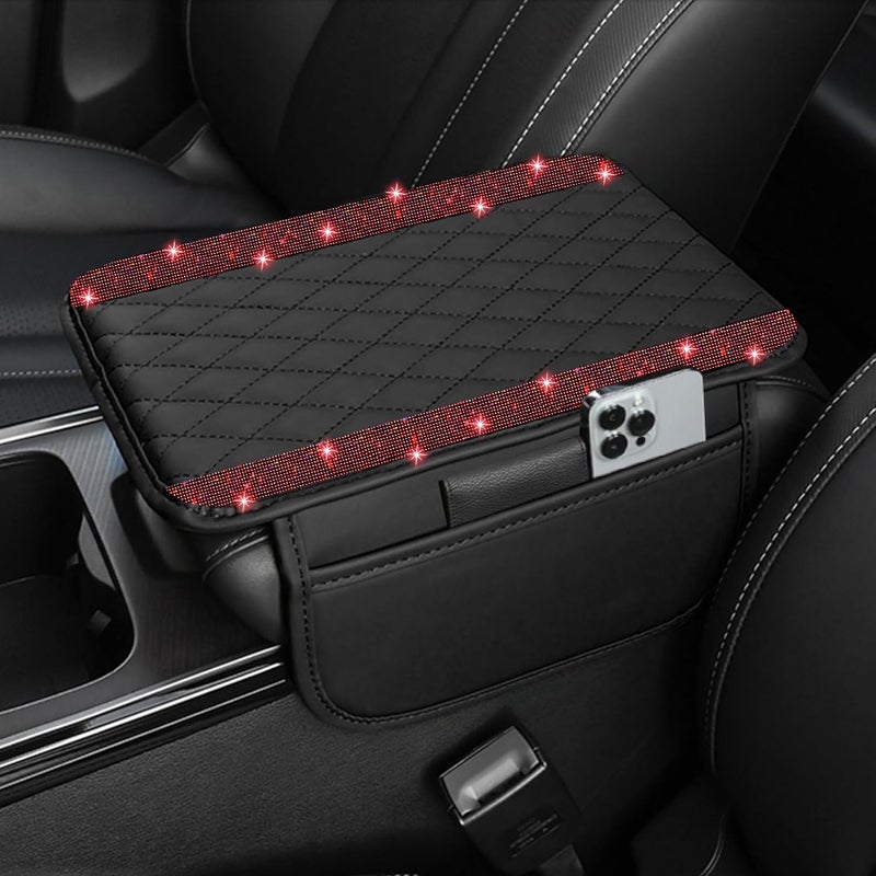 NBTEPEM Bling Car Center Console Cover, Leather Car Arm Rest Cover Cushion with 2 Storage Bags, Universal Automotive Armrest Protector Storage Box, Bling Accessories Interior for Most Vehicles (Red) - Image 1